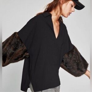 Zara Women's Elegant Black Top with Fur Sleeves Size Large